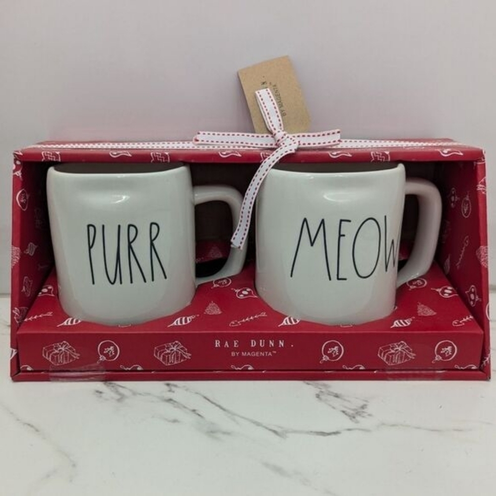 Rae Dunn Cat Lover 2 Mug Stonewear Christmas Gift Set PURR MEOW White Black Pair